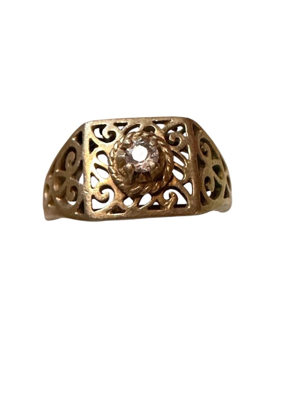 Vintage 14k Gold Filigree Ring with Clear Stone - Elegant Women’s Jewelry - Picture 4 of 7